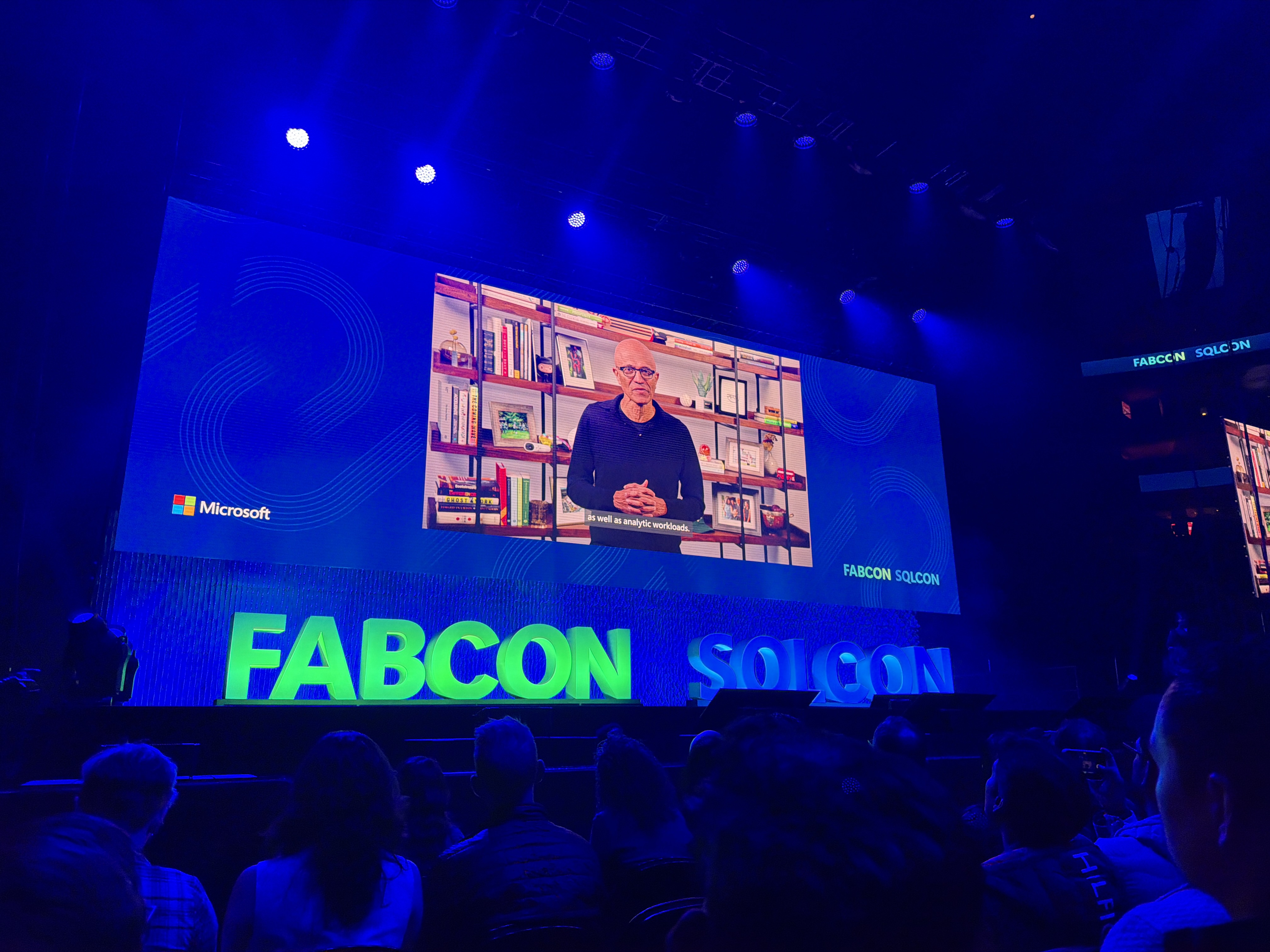 Satya Nadella keynote at FabCon 2026 with FABCON and SQLCON signage