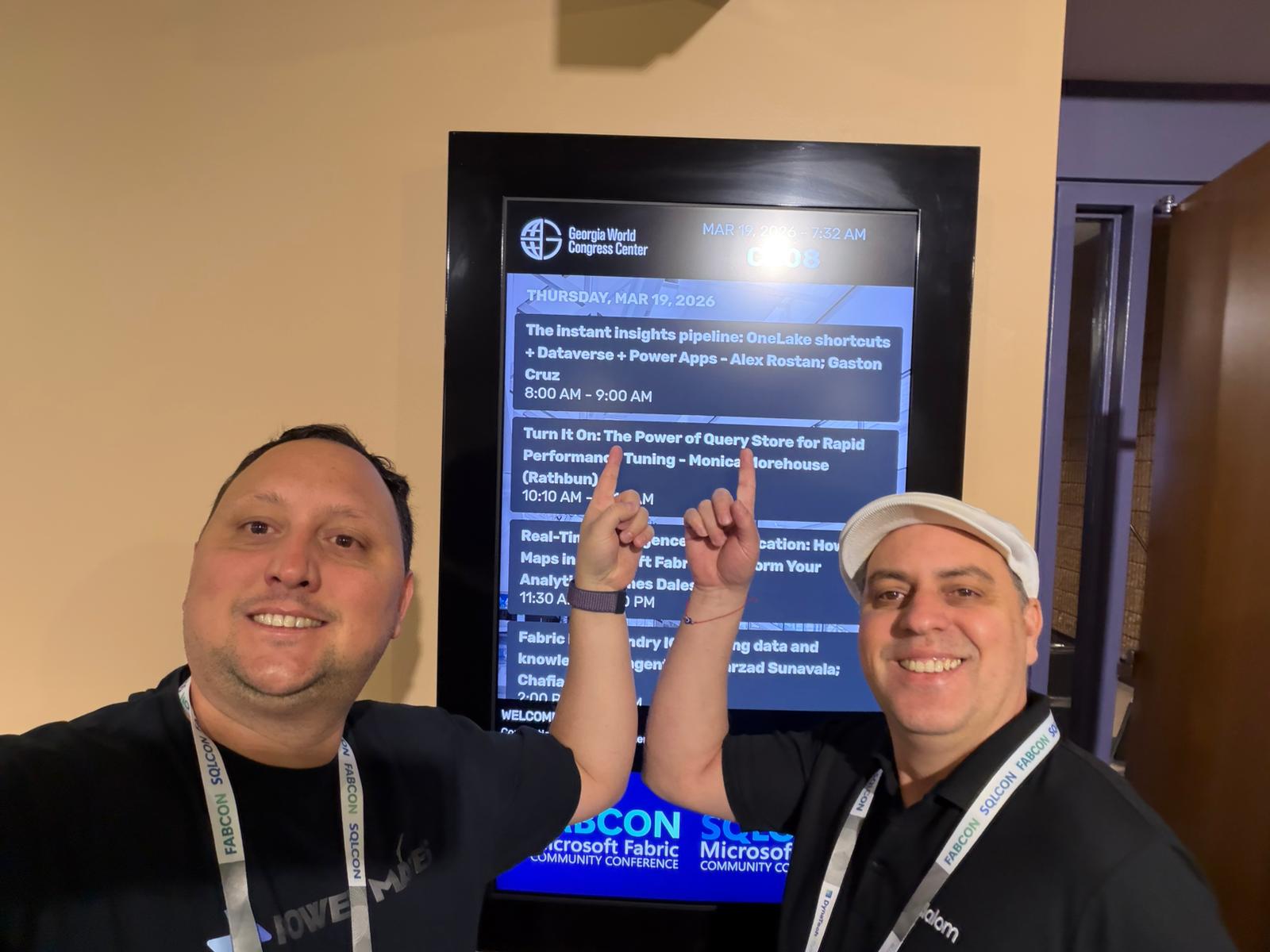 Alex Rostan and Gaston Cruz pointing at their second FabCon session - Thursday March 19